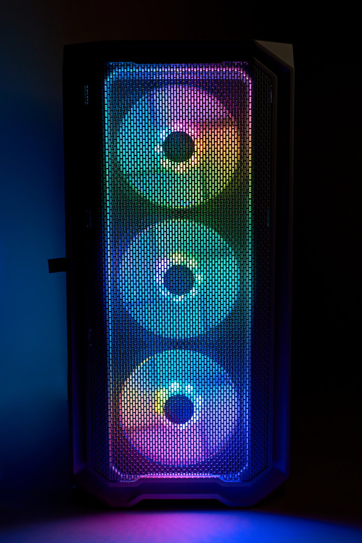 Desktop gaming PC coolers with RGB LED light. Game PC coolers with colorful neon light. PC fans with RGB backlight